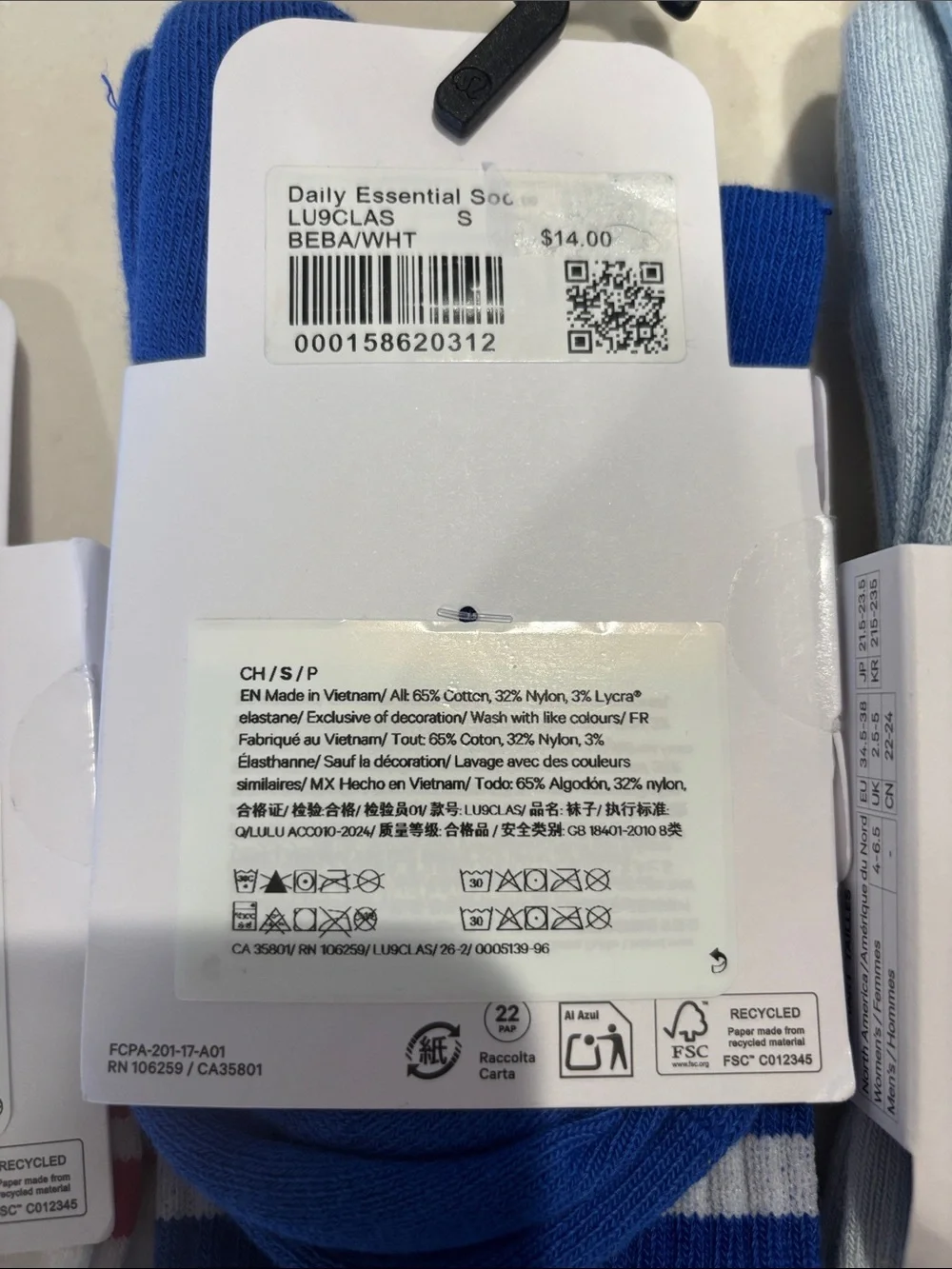 Set (3) lululemon Daily Essential Socks- Blue, Light Blue & White/Pink Small NWT